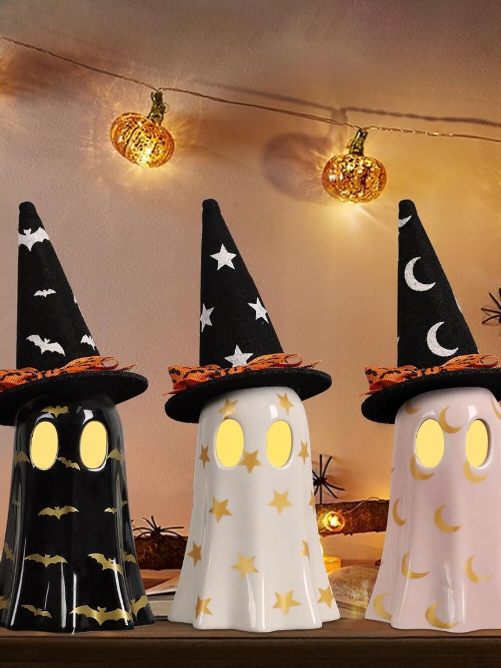 Set of 3 Ceramic Halloween Ghosts - Indoor Decor with Witch Hats‎ for Fall